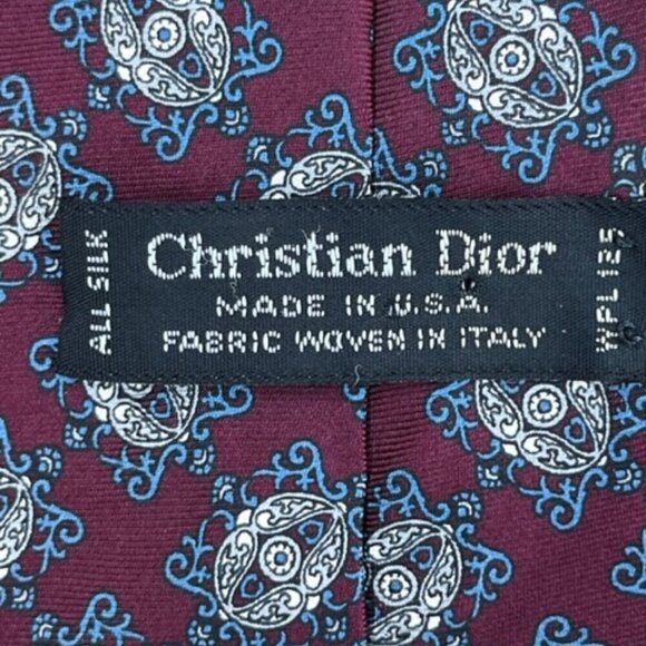 Christian Dior Men's Tie Necktie Designer 100% Silk Burgundy Cream Blue Paisley - Picture 7 of 9
